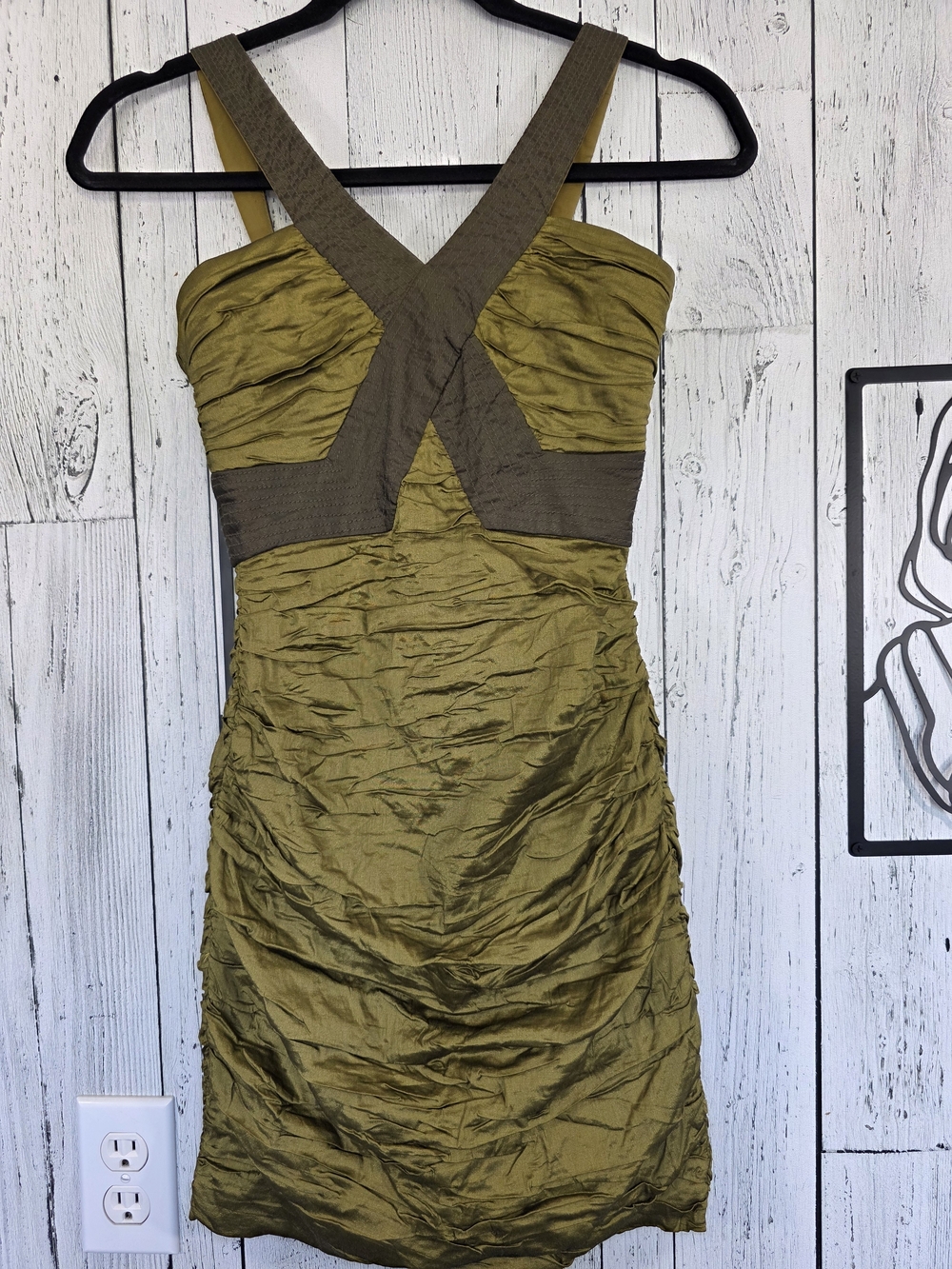 BCBGMaxAzria Olive Metallic Ruched Mini Dress Size 0 Holiday Party Y2K Going Out